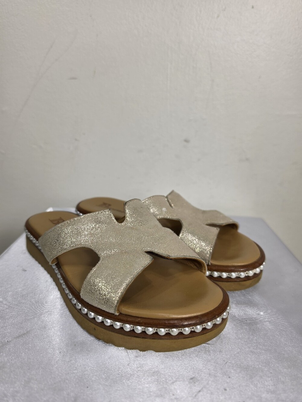 Browns Gold Glitter Pearl-Trim Slide Sandals